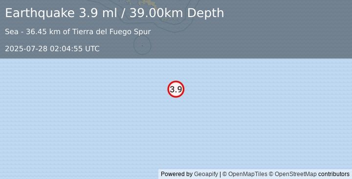 Earthquake DRAKE PASSAGE (3.9 ml) (2025-07-28 02:04:55 UTC)
