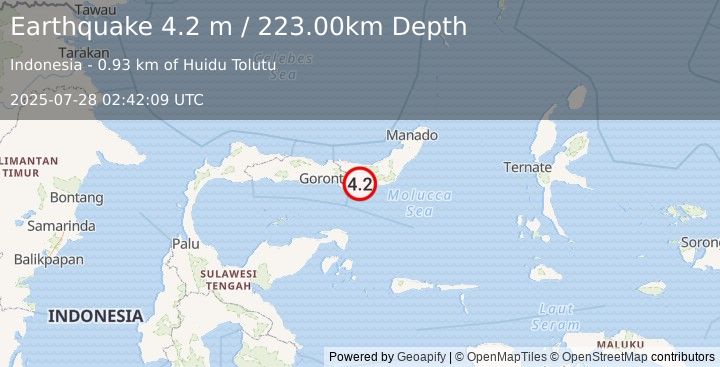 Earthquake MINAHASA, SULAWESI, INDONESIA (4.2 m) (2025-07-28 02:42:09 UTC)