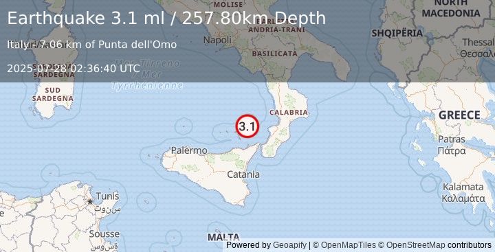 Earthquake SICILY, ITALY (3.1 ml) (2025-07-28 02:36:40 UTC)