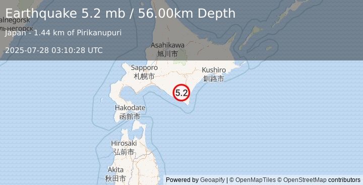 Earthquake HOKKAIDO, JAPAN REGION (5.2 mb) (2025-07-28 03:10:28 UTC)
