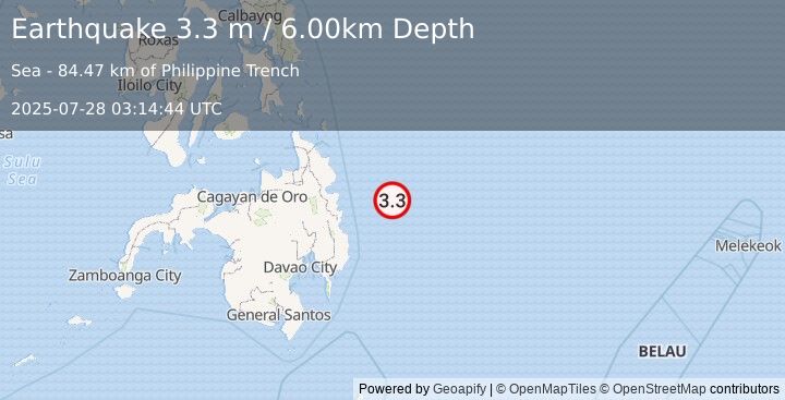 Earthquake PHILIPPINE ISLANDS REGION (3.3 m) (2025-07-28 03:14:44 UTC)