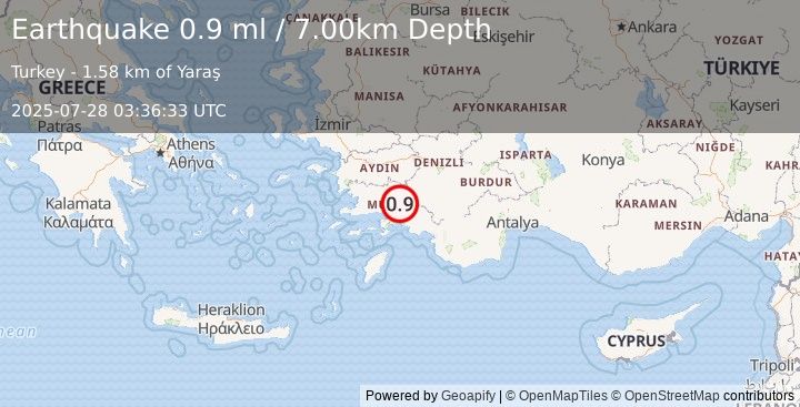 Earthquake WESTERN TURKEY (0.9 ml) (2025-07-28 03:36:33 UTC)