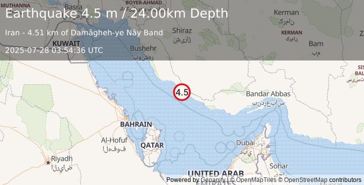 Earthquake SOUTHERN IRAN (4.5 m) (2025-07-28 03:54:34 UTC)