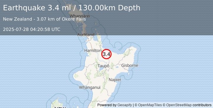 Earthquake NORTH ISLAND OF NEW ZEALAND (3.4 ml) (2025-07-28 04:20:58 UTC)