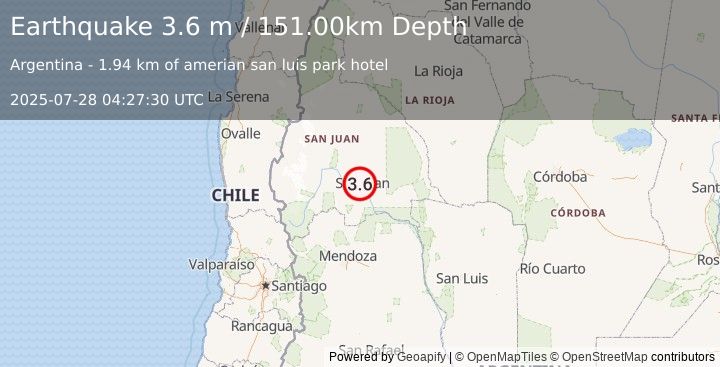 Earthquake SAN JUAN, ARGENTINA (3.6 m) (2025-07-28 04:27:30 UTC)