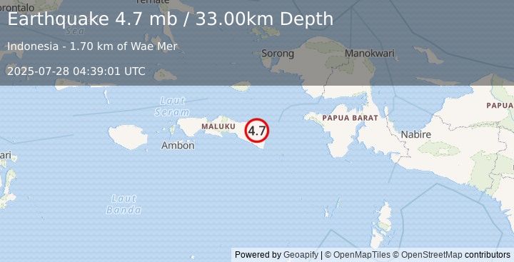 Earthquake SERAM, INDONESIA (4.9 mb) (2025-07-28 04:38:57 UTC)