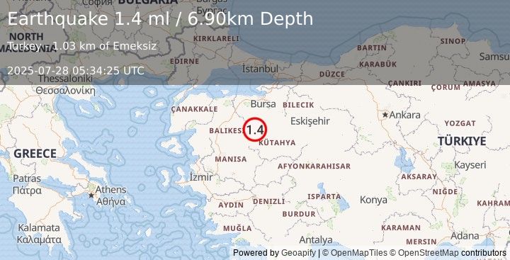 Earthquake WESTERN TURKEY (1.4 ml) (2025-07-28 05:34:25 UTC)