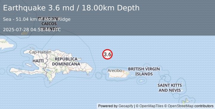 Earthquake PUERTO RICO REGION (3.6 md) (2025-07-28 04:58:46 UTC)