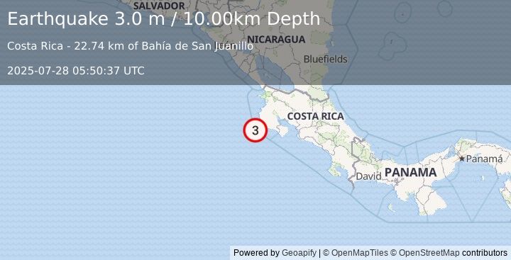 Earthquake OFF COAST OF COSTA RICA (3.0 m) (2025-07-28 05:50:37 UTC)