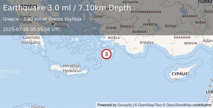 Earthquake DODECANESE IS.-TURKEY BORDER REG (3.0 ml) (2025-07-28 05:55:06 UTC)