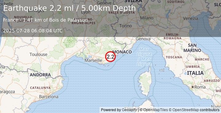 Earthquake NEAR SOUTH COAST OF FRANCE (2.2 ml) (2025-07-28 06:08:04 UTC)