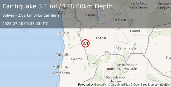 Earthquake POTOSI, BOLIVIA (3.1 ml) (2025-07-28 06:33:28 UTC)