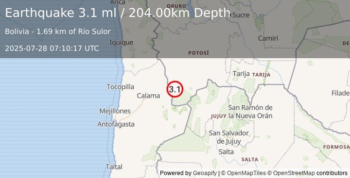 Earthquake POTOSI, BOLIVIA (3.1 ml) (2025-07-28 07:10:17 UTC)