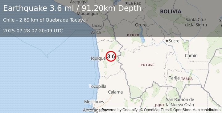 Earthquake TARAPACA, CHILE (3.6 ml) (2025-07-28 07:20:09 UTC)