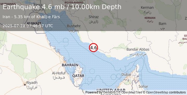 Earthquake SOUTHERN IRAN (4.6 mb) (2025-07-28 07:46:57 UTC)