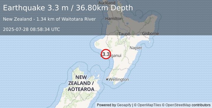 Earthquake NORTH ISLAND OF NEW ZEALAND (3.3 m) (2025-07-28 08:58:34 UTC)