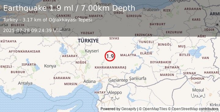 Earthquake CENTRAL TURKEY (1.9 ml) (2025-07-28 09:24:39 UTC)