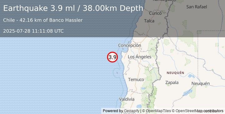 Earthquake OFFSHORE BIO-BIO, CHILE (3.9 ml) (2025-07-28 11:11:08 UTC)