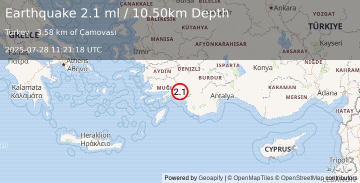 Earthquake WESTERN TURKEY (2.1 ml) (2025-07-28 11:21:18 UTC)