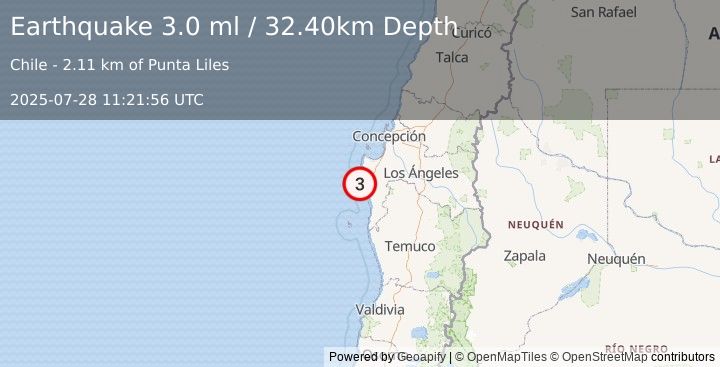 Earthquake OFFSHORE BIO-BIO, CHILE (3.0 ml) (2025-07-28 11:21:56 UTC)