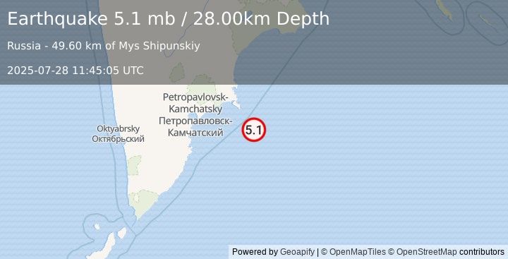 Earthquake OFF EAST COAST OF KAMCHATKA (5.1 mb) (2025-07-28 11:45:06 UTC)