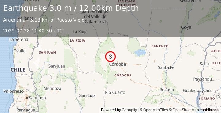 Earthquake CORDOBA, ARGENTINA (3.0 m) (2025-07-28 11:40:30 UTC)