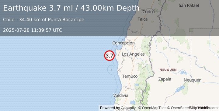 Earthquake OFFSHORE BIO-BIO, CHILE (3.7 ml) (2025-07-28 11:39:57 UTC)