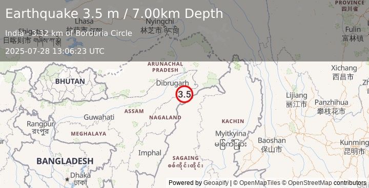 Earthquake ARUNACHAL PRADESH-ASSAM, INDIA (3.5 m) (2025-07-28 13:06:23 UTC)