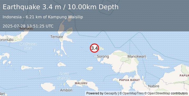 Earthquake PAPUA REGION, INDONESIA (3.4 m) (2025-07-28 13:51:25 UTC)