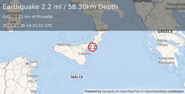 Earthquake SICILY, ITALY (2.2 ml) (2025-07-28 14:21:52 UTC)