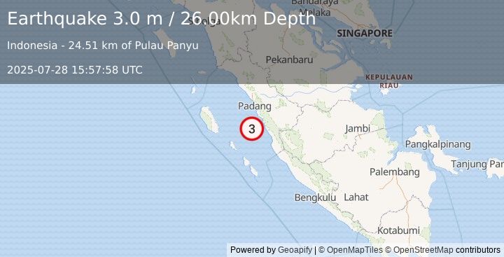 Earthquake SOUTHERN SUMATRA, INDONESIA (3.0 m) (2025-07-28 15:57:58 UTC)