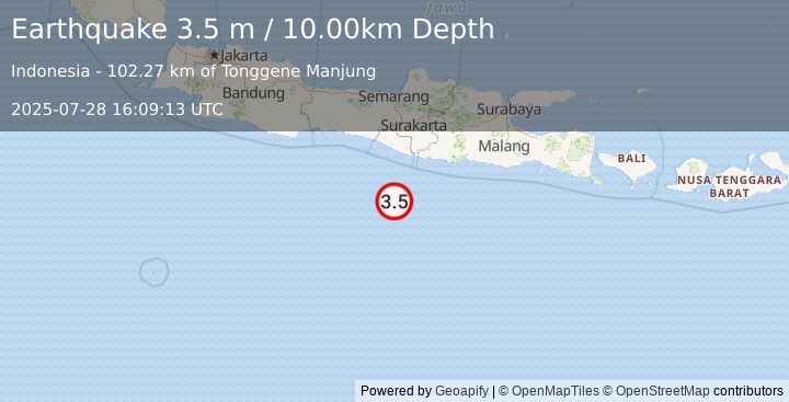 Earthquake SOUTH OF JAVA, INDONESIA (3.5 m) (2025-07-28 16:09:13 UTC)
