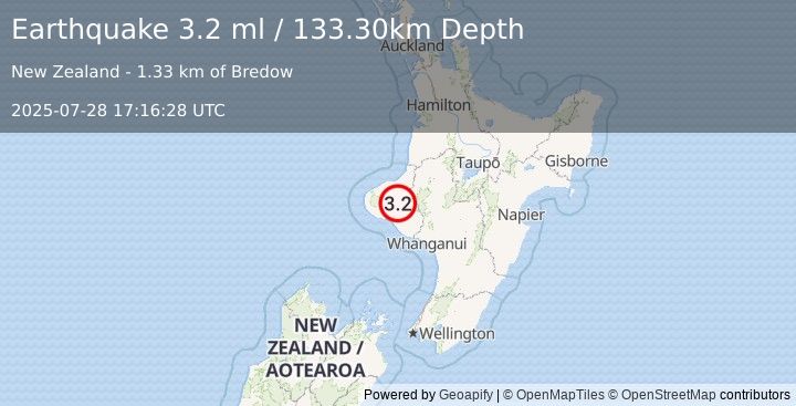 Earthquake NORTH ISLAND OF NEW ZEALAND (3.2 ml) (2025-07-28 17:16:28 UTC)