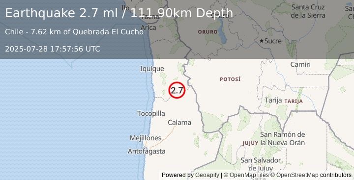 Earthquake TARAPACA, CHILE (2.7 ml) (2025-07-28 17:57:56 UTC)