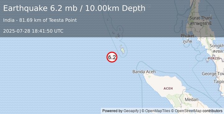 Earthquake NICOBAR ISLANDS, INDIA REGION (6.5 mw) (2025-07-28 18:41:50 UTC)