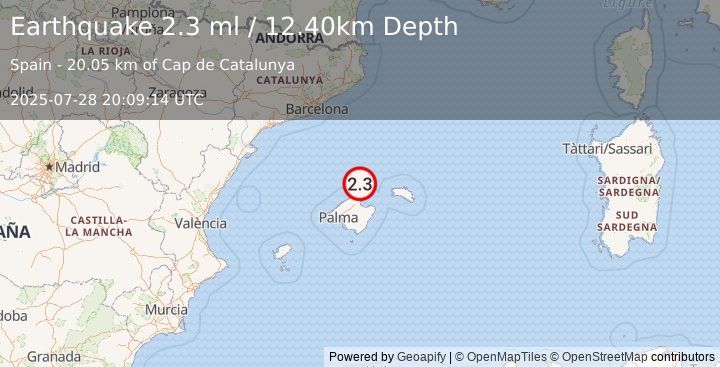 Earthquake BALEARIC ISLANDS, SPAIN (2.3 ml) (2025-07-28 20:09:14 UTC)
