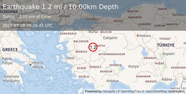 Earthquake WESTERN TURKEY (1.2 ml) (2025-07-28 20:26:42 UTC)