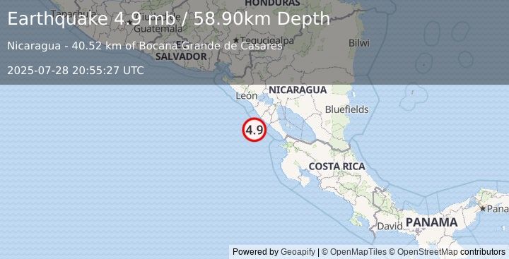 Earthquake NEAR COAST OF NICARAGUA (4.9 mb) (2025-07-28 20:55:27 UTC)