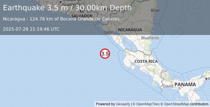Earthquake OFF COAST OF COSTA RICA (3.5 m) (2025-07-28 21:19:46 UTC)