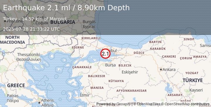 Earthquake WESTERN TURKEY (2.1 ml) (2025-07-28 21:33:22 UTC)