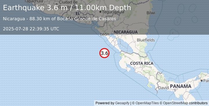 Earthquake NEAR COAST OF NICARAGUA (3.6 m) (2025-07-28 22:39:35 UTC)