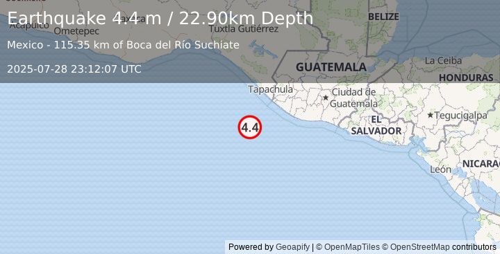 Earthquake OFF COAST OF CHIAPAS, MEXICO (4.4 m) (2025-07-28 23:12:07 UTC)