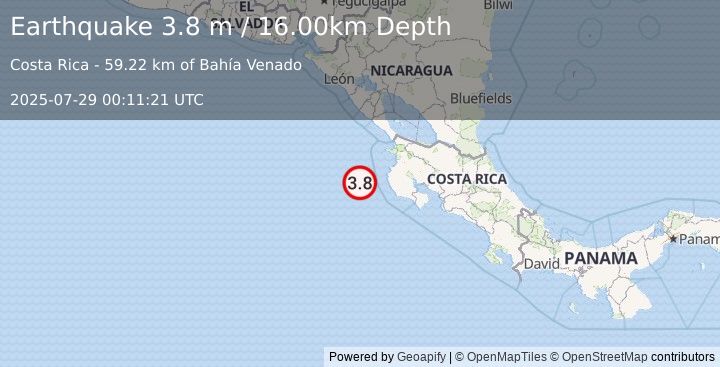 Earthquake OFF COAST OF COSTA RICA (3.8 m) (2025-07-29 00:11:21 UTC)
