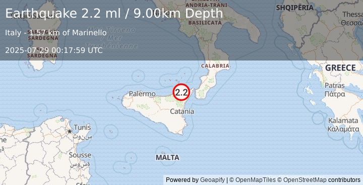 Earthquake SICILY, ITALY (2.2 ml) (2025-07-29 00:17:59 UTC)