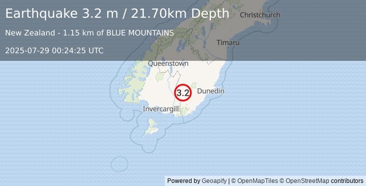 Earthquake SOUTH ISLAND OF NEW ZEALAND (3.2 m) (2025-07-29 00:24:25 UTC)