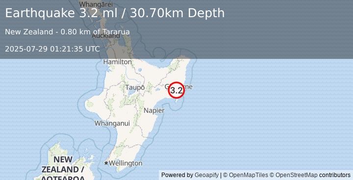 Earthquake NORTH ISLAND OF NEW ZEALAND (3.2 ml) (2025-07-29 01:21:35 UTC)