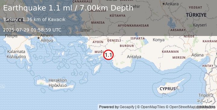 Earthquake DODECANESE IS.-TURKEY BORDER REG (1.1 ml) (2025-07-29 01:58:59 UTC)