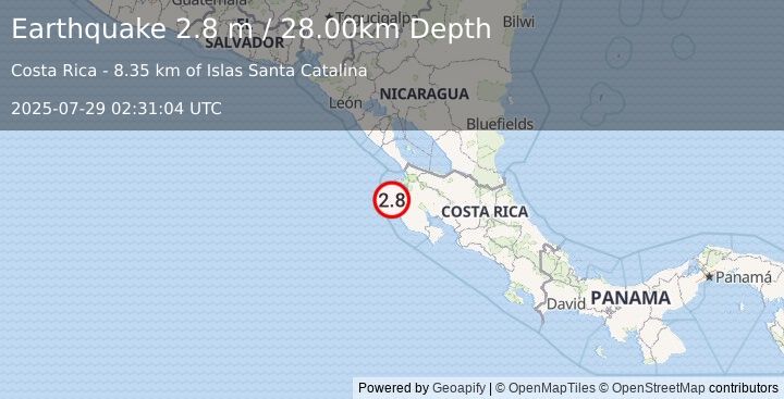 Earthquake COSTA RICA (2.8 m) (2025-07-29 02:31:04 UTC)