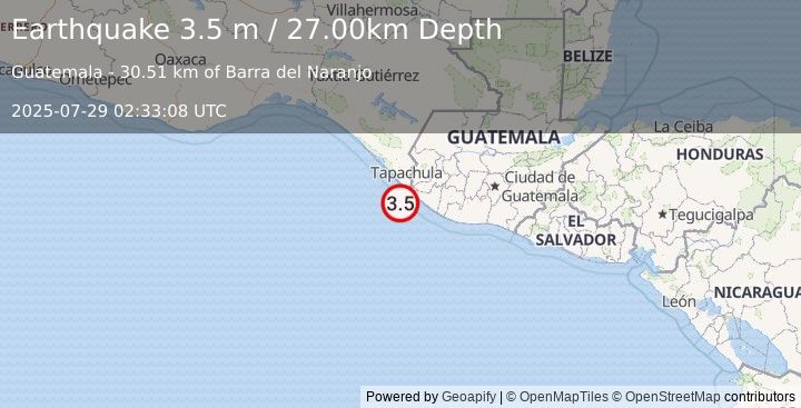 Earthquake OFFSHORE GUATEMALA (3.5 m) (2025-07-29 02:33:08 UTC)