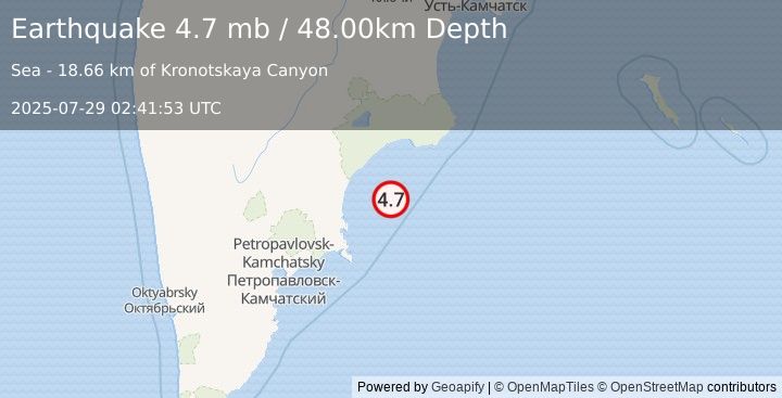 Earthquake NEAR EAST COAST OF KAMCHATKA (4.7 mb) (2025-07-29 02:41:53 UTC)